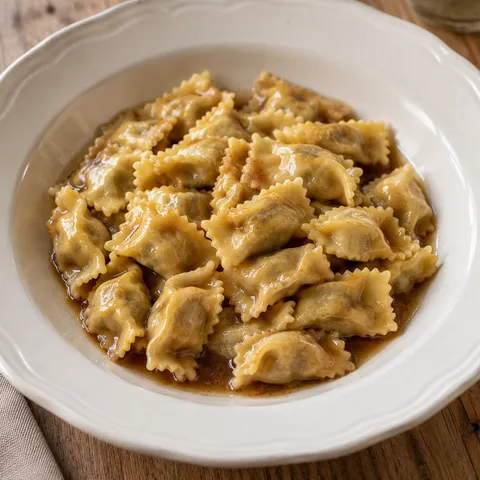 Agnolotti del plin con sfoglia sottile e sugo bruno d'arrosto in un piatto avorio