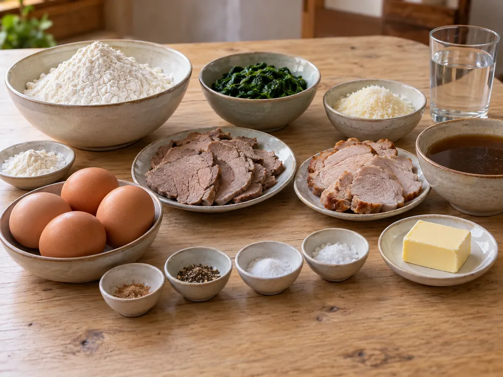 Farina, quattro uova, arrosti cotti, spinaci, Parmigiano, burro e fondo per i plin