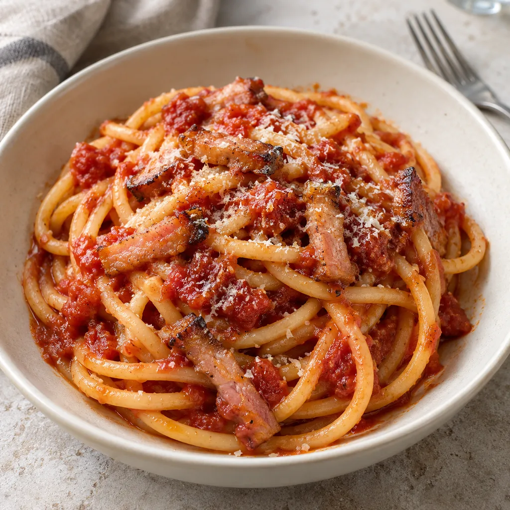 Bucatini all'amatriciana con guanciale dorato e pecorino in un piatto avorio