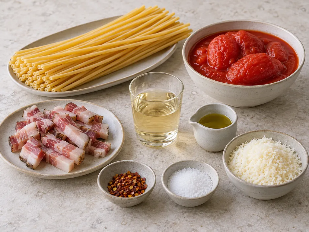 Guanciale, bucatini, pelati, pecorino e altri ingredienti dell'amatriciana
