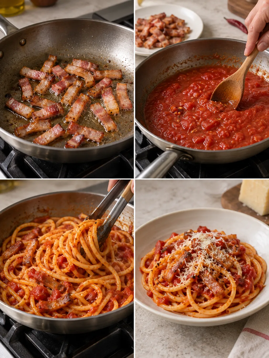Rosolatura del guanciale, cottura del sugo e bucatini all'amatriciana pronti
