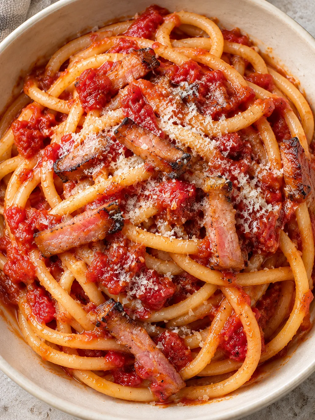 Bucatini al sugo all'amatriciana con listarelle di guanciale e pecorino