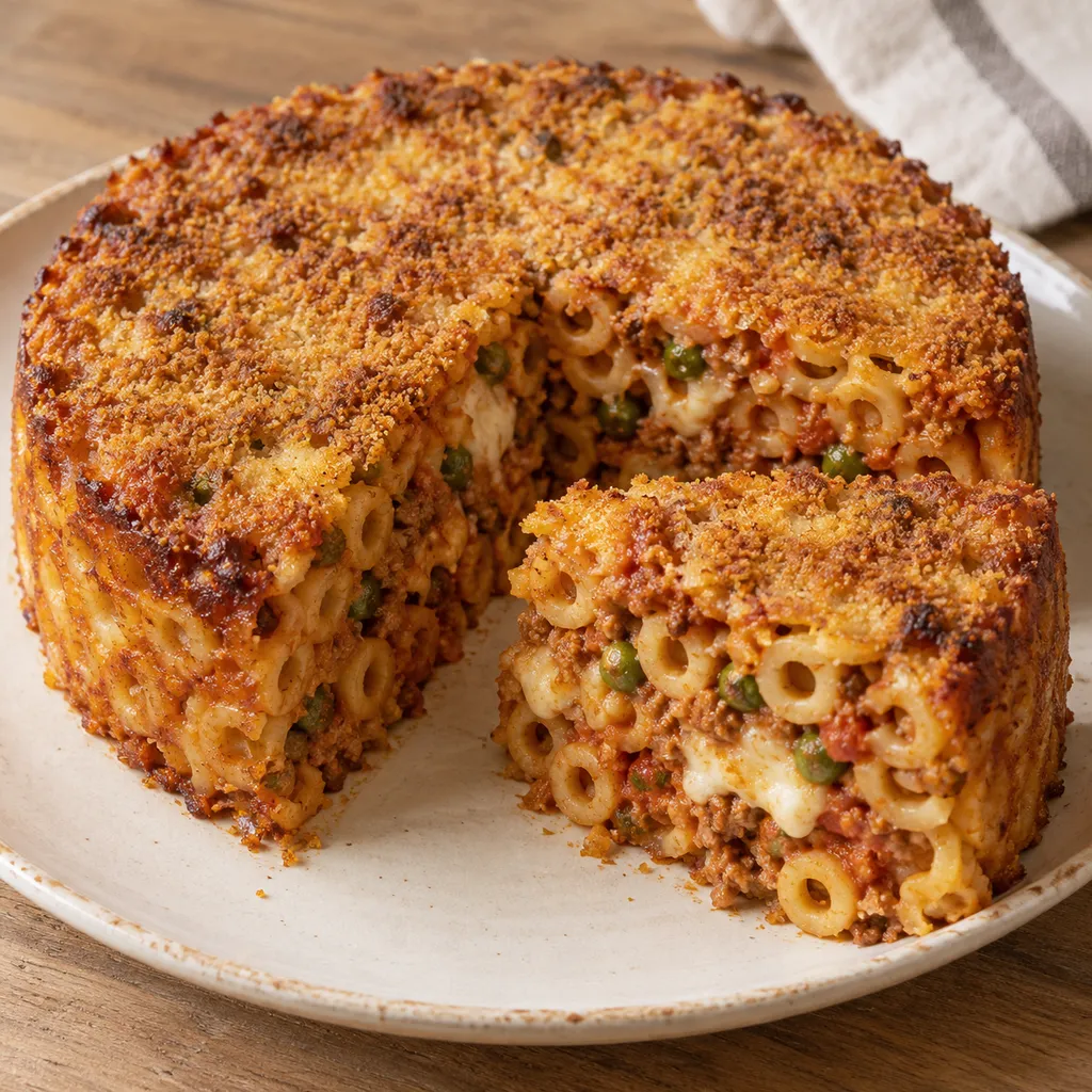 Timballo di anelletti con crosta dorata, ragù, piselli e caciocavallo nel taglio