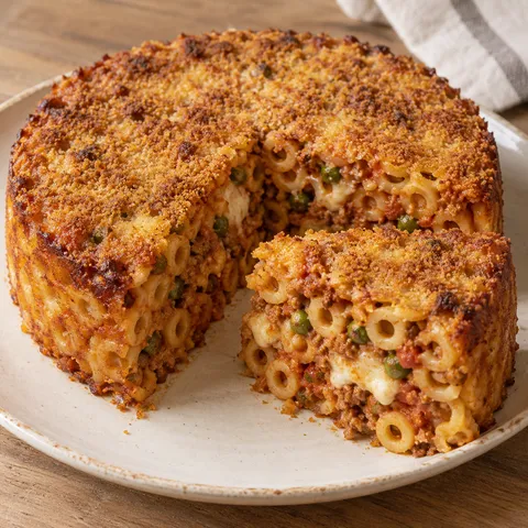 Timballo di anelletti con crosta dorata, ragù, piselli e caciocavallo nel taglio