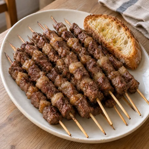 Arrosticini abruzzesi di pecora con pane abbrustolito all'olio su un piatto chiaro