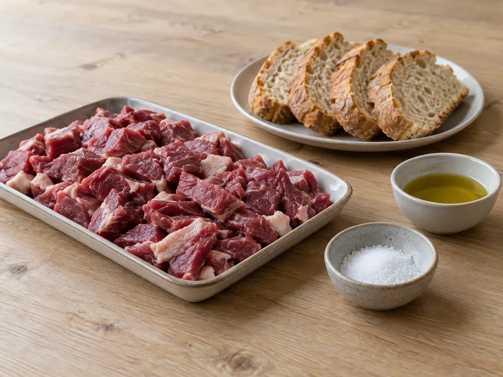 Carne di pecora, sale, quattro fette di pane e olio per gli arrosticini abruzzesi