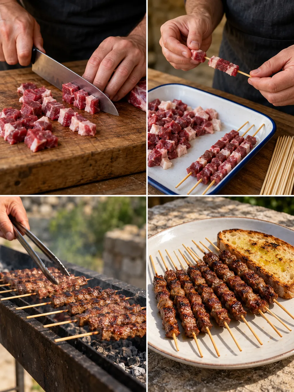 Taglio della pecora, composizione degli spiedini, cottura alla brace e arrosticini serviti