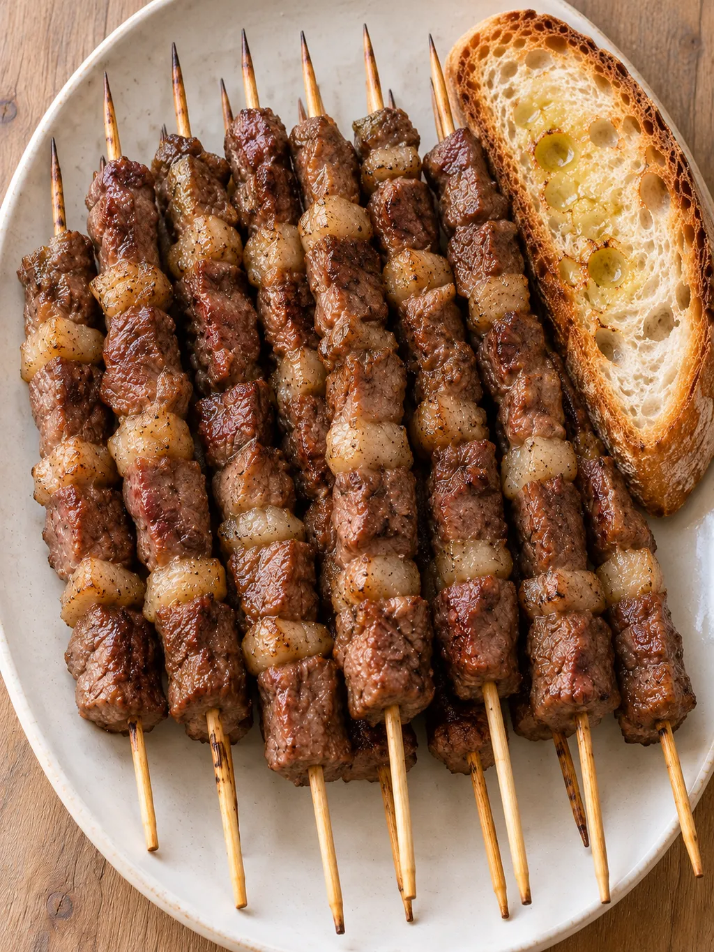Arrosticini di pecora ben rosolati con pane caldo condito con olio extravergine