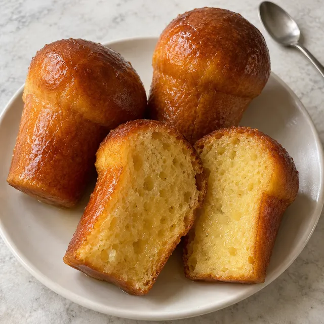 Babà napoletani al rum, interi e tagliati, con mollica gialla imbevuta