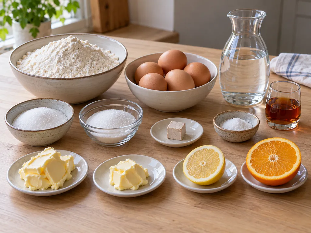 Farina, uova, burro, lievito, zucchero, agrumi e rum per preparare i babà