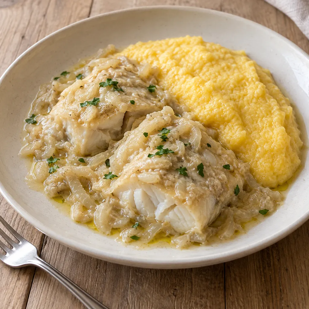 Baccalà alla vicentina con fondo cremoso, prezzemolo e polenta morbida