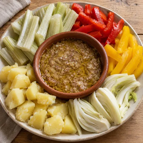 Bagna cauda piemontese in terracotta con cardi, peperoni, finocchi e patate