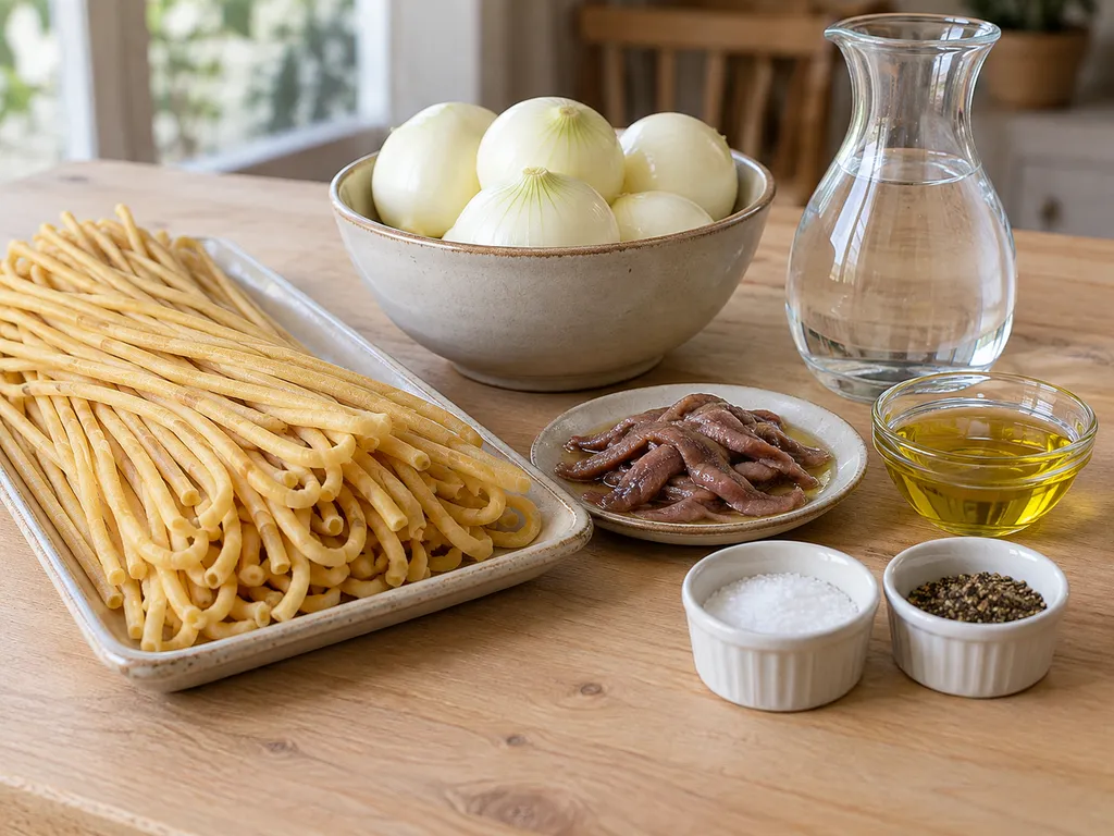 Bigoli secchi, cipolle bianche, acciughe, olio, acqua, sale e pepe