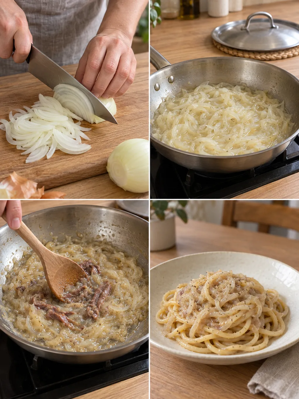 Preparazione dei bigoli in salsa, dal taglio delle cipolle al piatto finito