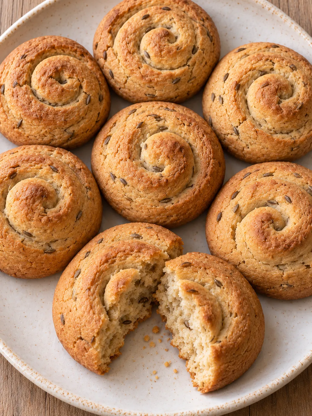 Biscotti siciliani all’anice con spirali dorate e un biscotto spezzato sul piatto