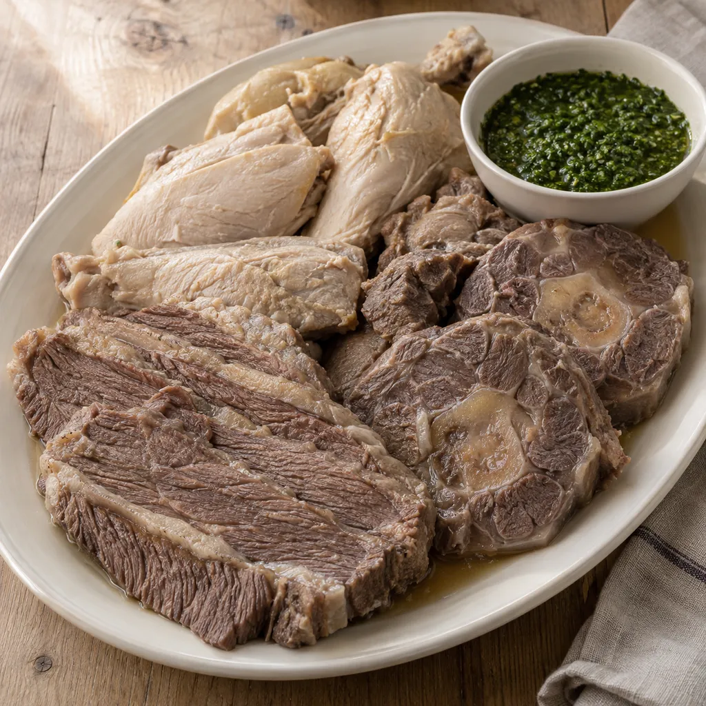Bollito misto di manzo e pollo con una ciotola di bagnetto verde