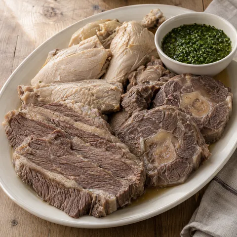 Bollito misto di manzo e pollo con una ciotola di bagnetto verde