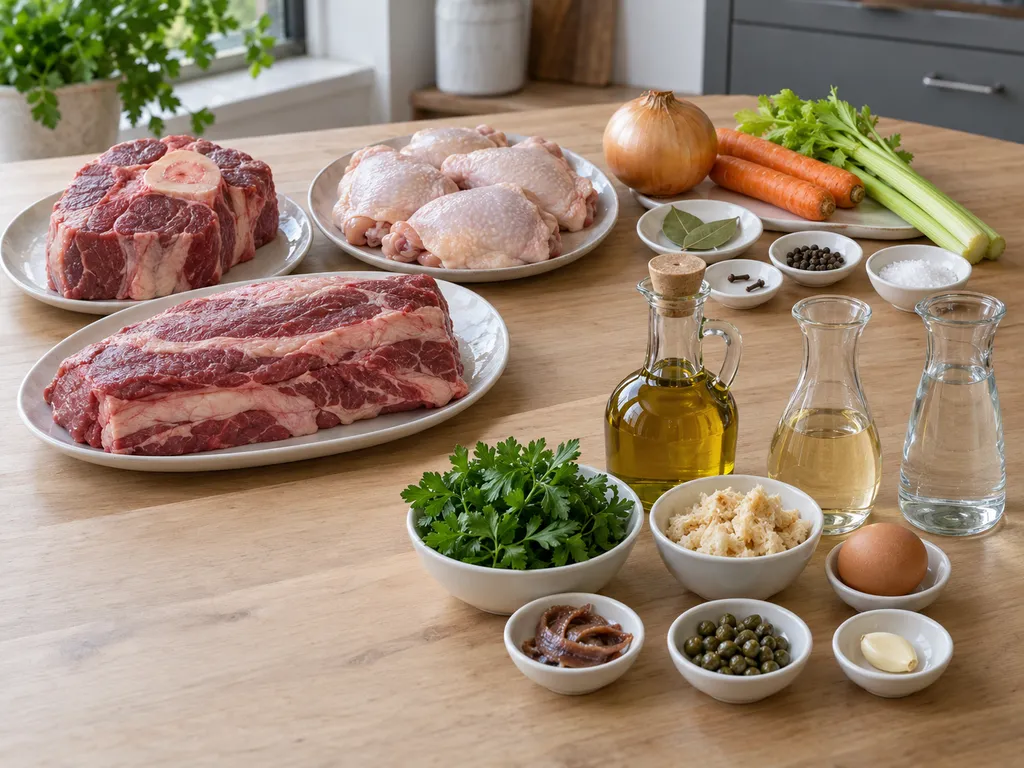 Tagli di manzo, pollo, verdure e ingredienti del bagnetto verde separati sul piano