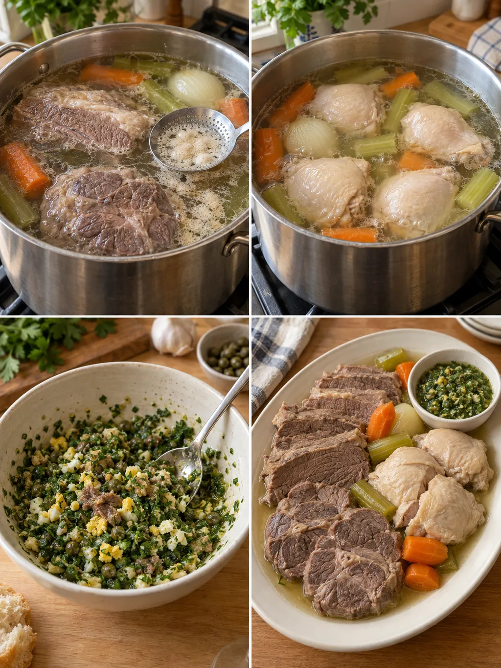 Carni nel brodo, preparazione del bagnetto e bollito misto pronto sul vassoio