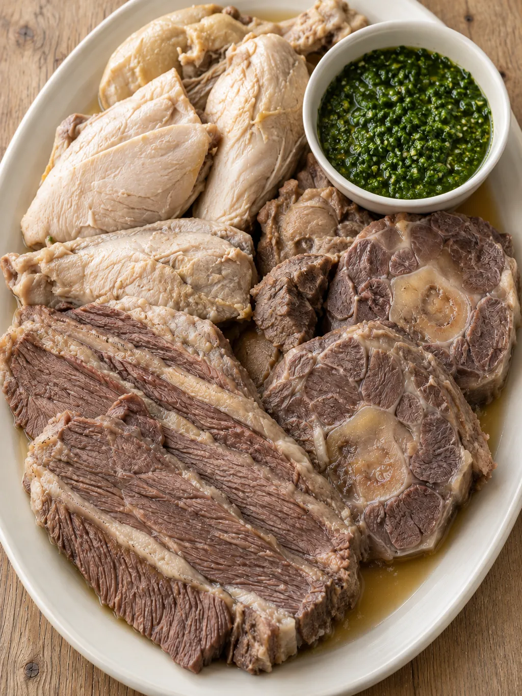 Fette di manzo e pollo bolliti con bagnetto verde su un vassoio avorio
