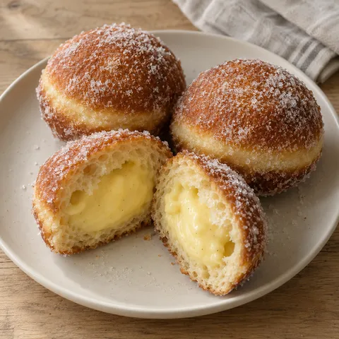 Bomboloni dorati nello zucchero con mollica soffice e ripieno di crema alla vaniglia