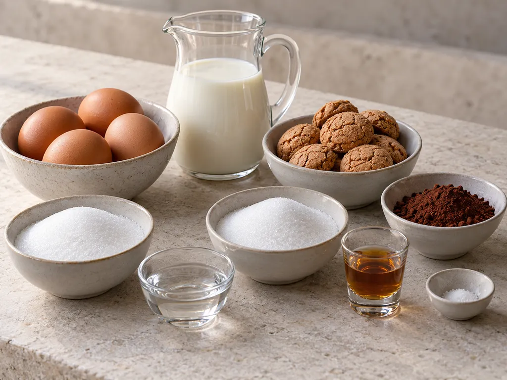 Amaretti secchi, cacao, latte, quattro uova, zucchero, rum, acqua e sale per il bonet