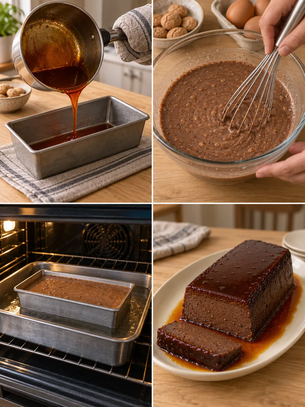 Preparazione del bonet con caramello, composto al cacao, bagnomaria e dolce sformato