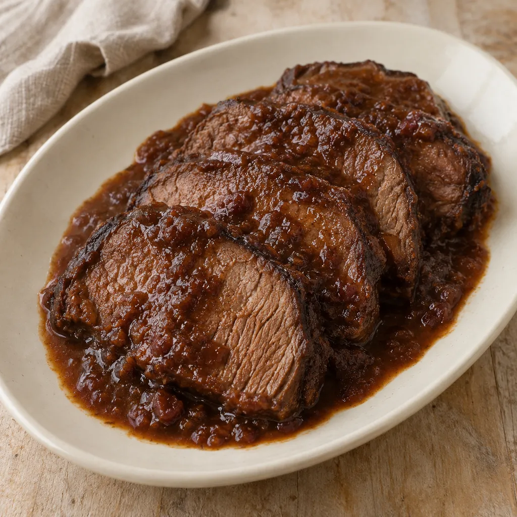 Brasato al Barolo a fette con salsa scura di vino e verdure