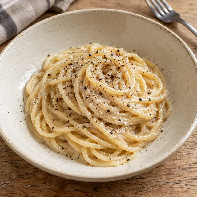 Spaghetti cacio e pepe con crema liscia di pecorino e pepe nero tostato