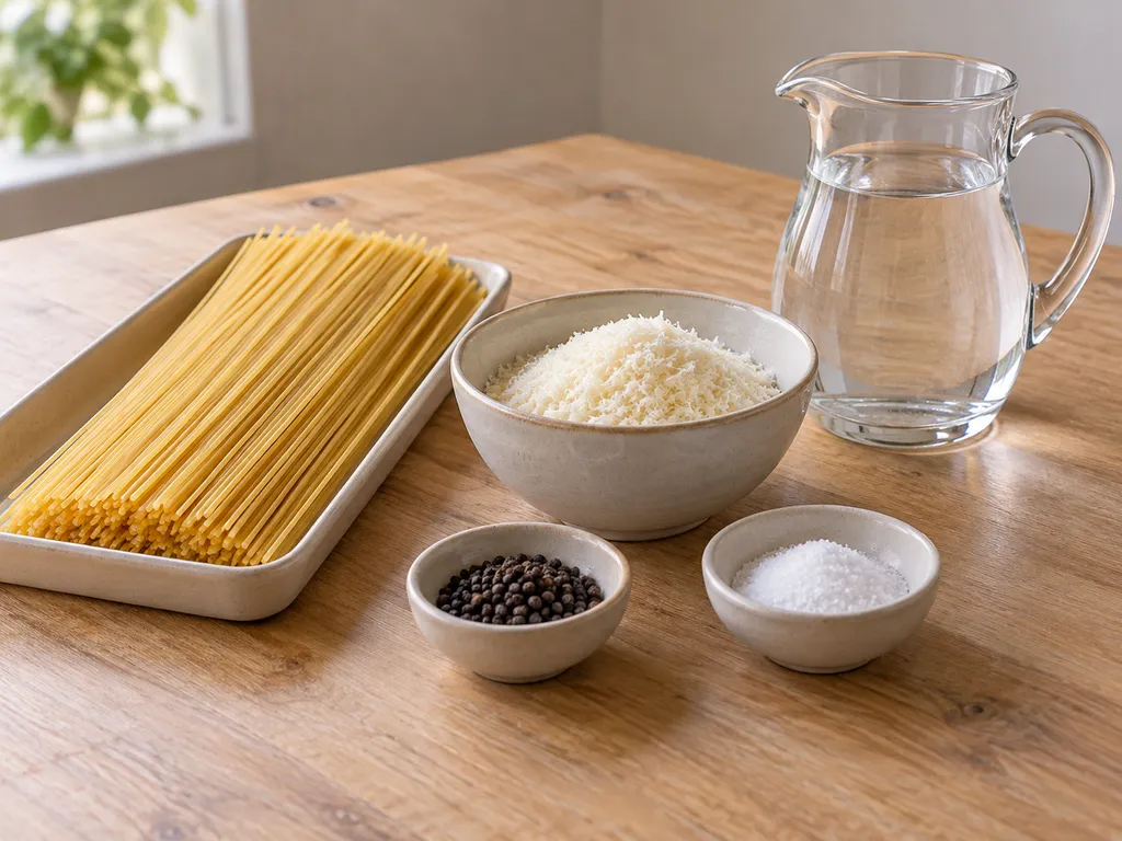 Spaghetti secchi, pecorino grattugiato, pepe nero, sale e acqua separati in recipienti