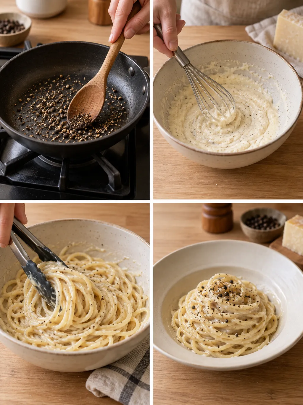 Pepe tostato, crema di pecorino, mantecatura in ciotola e spaghetti cacio e pepe pronti