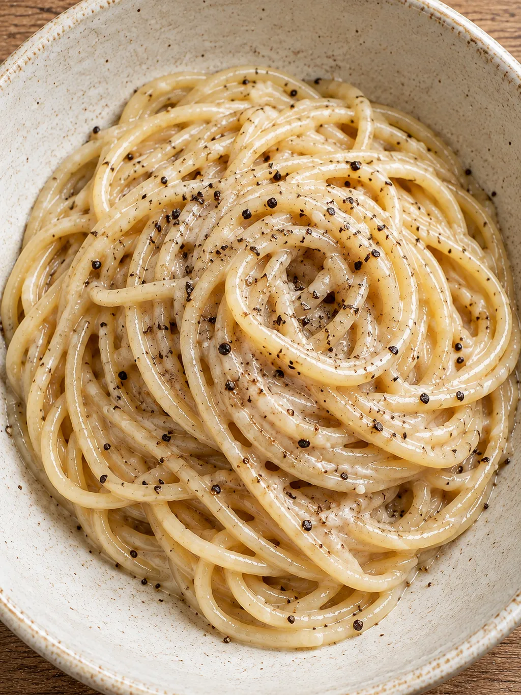 Spaghetti cacio e pepe avvolti da crema di pecorino con frammenti di pepe nero