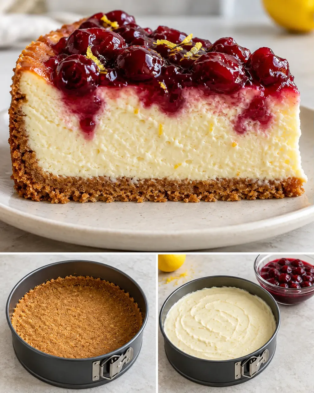 Cheesecake al forno — amarene, limone