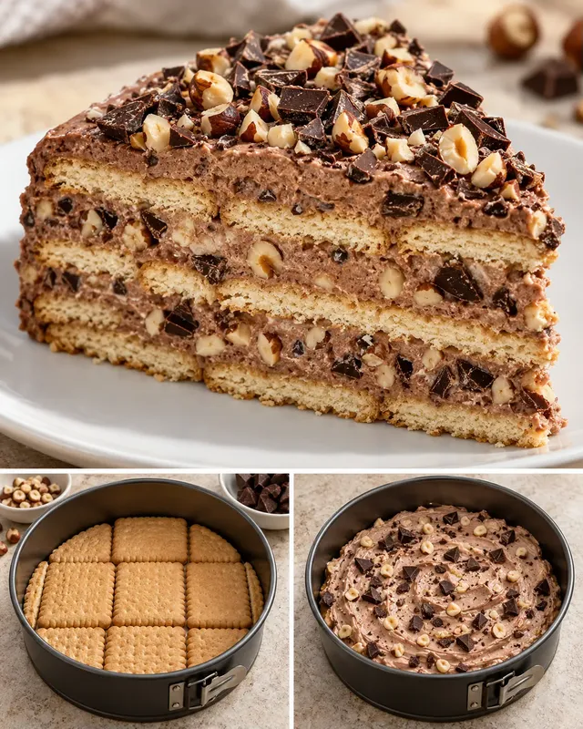 Torta fredda ai biscotti — cioccolato fondente, nocciole