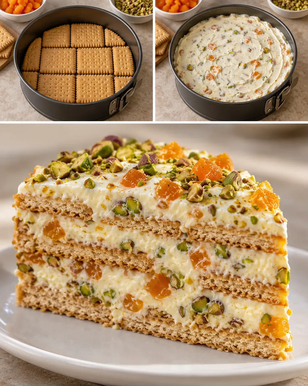 Torta fredda ai biscotti — albicocche secche, pistacchi