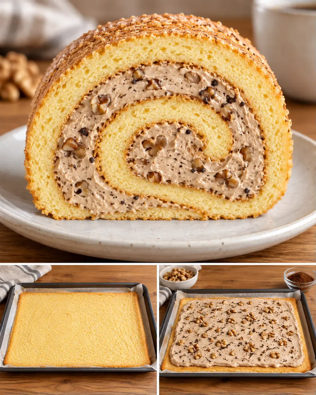 Rotolo di pan di Spagna — caffè, noci