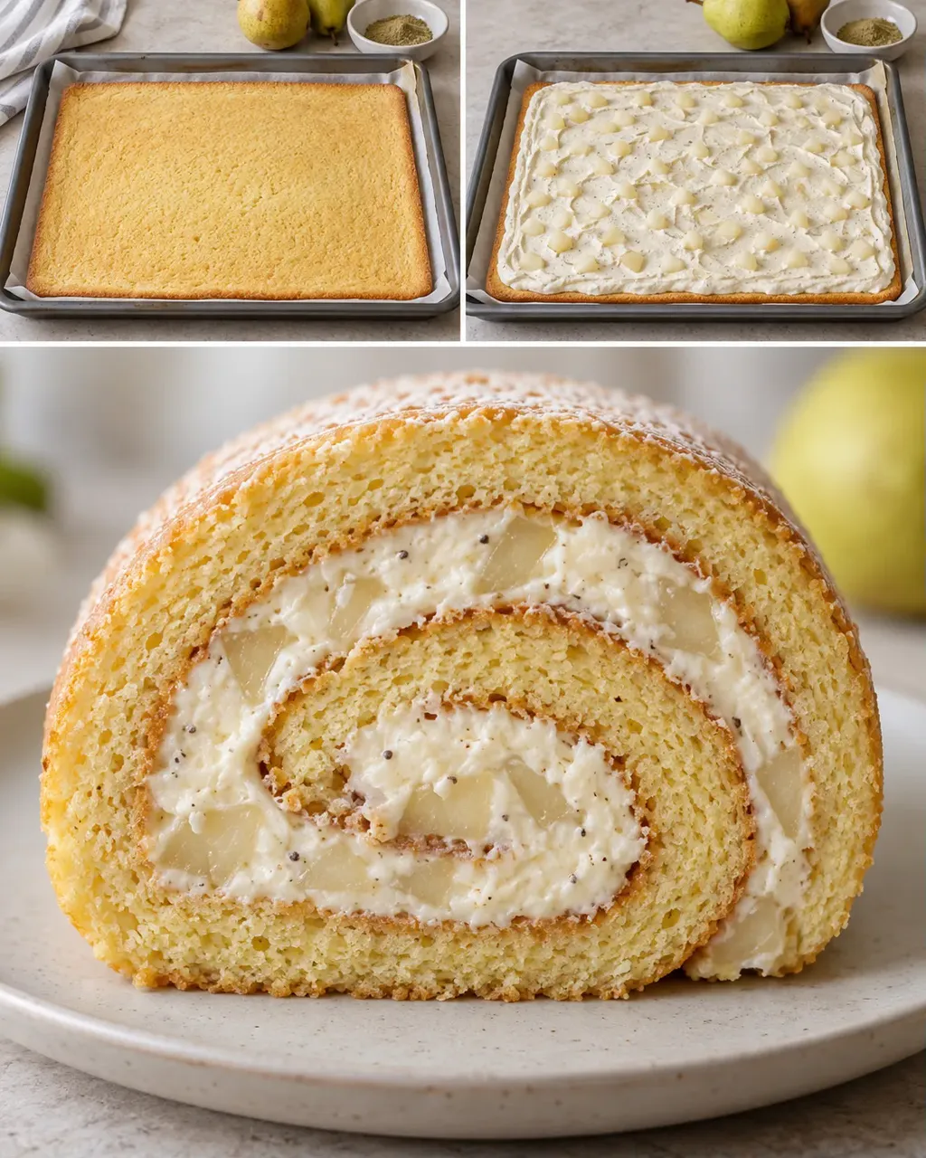 Rotolo di pan di Spagna — pere, cardamomo