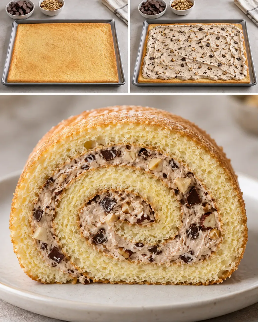 Rotolo di pan di Spagna — cioccolato fondente, nocciole