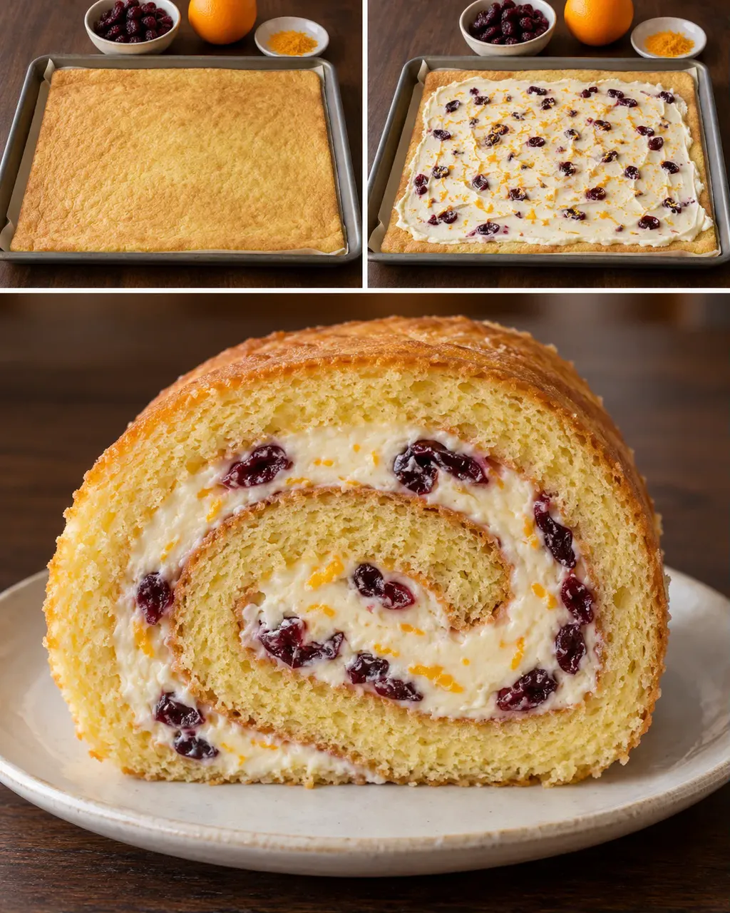 Rotolo di pan di Spagna — mirtilli rossi, arancia