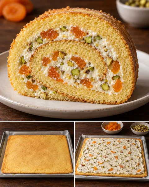 Rotolo di pan di Spagna — albicocche secche, pistacchi