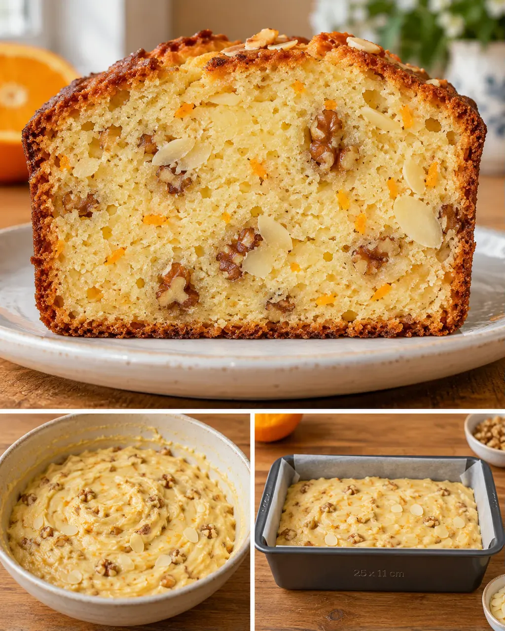 Plumcake al burro — arancia, mandorle, noci