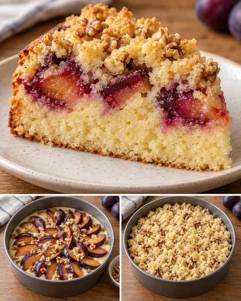 Torta con crumble — prugne, vaniglia, noci