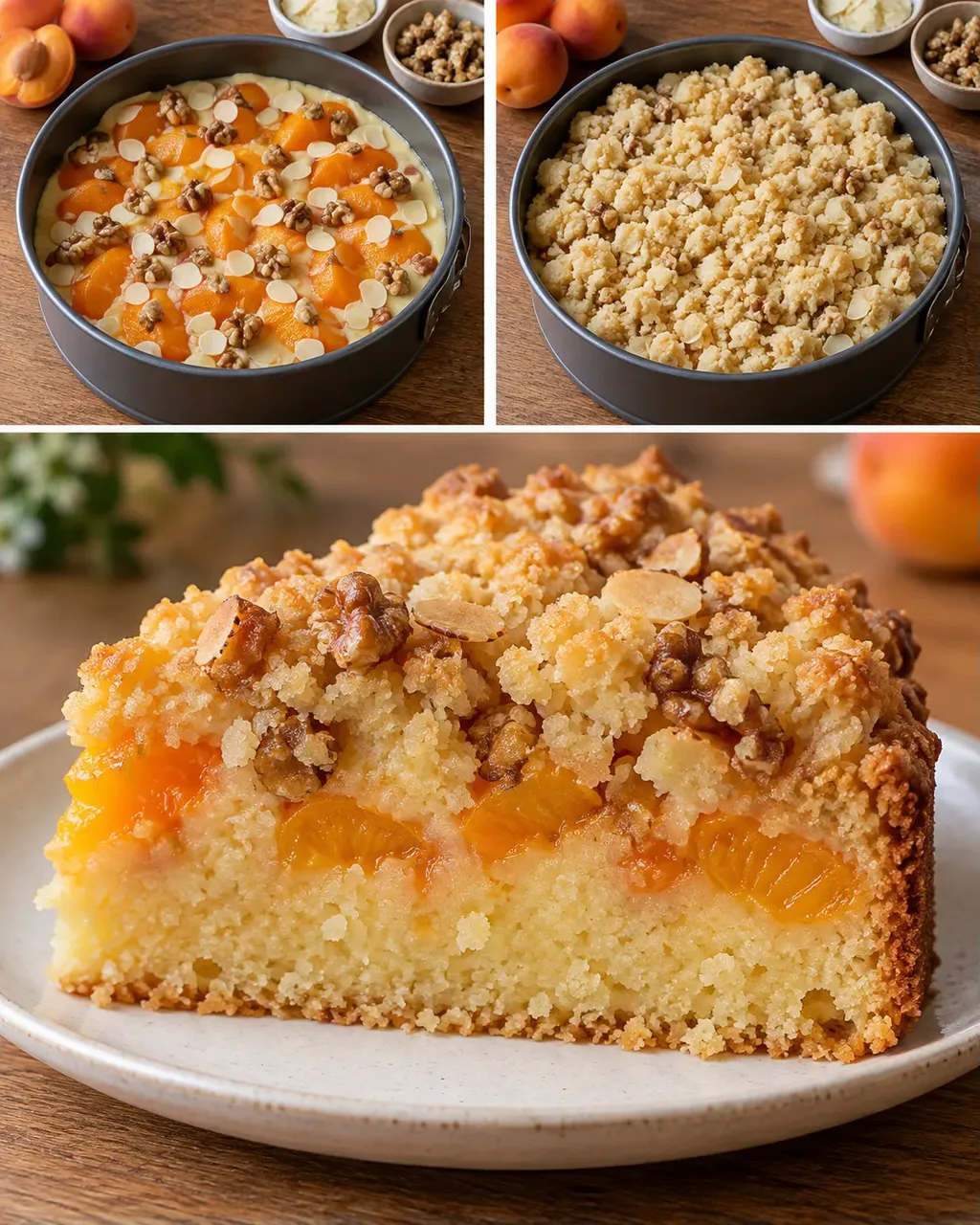 Torta con crumble — albicocche, mandorle, noci