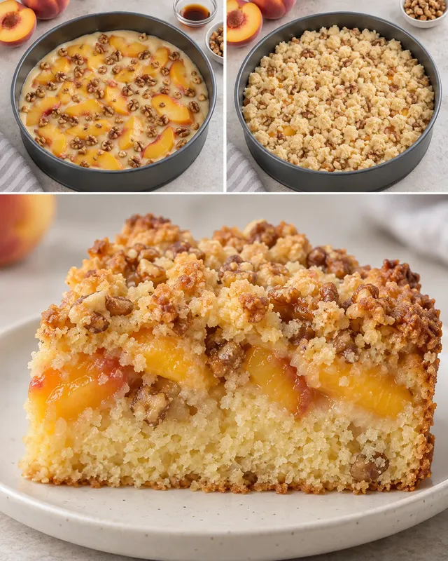 Torta con crumble — pesche, vaniglia, noci