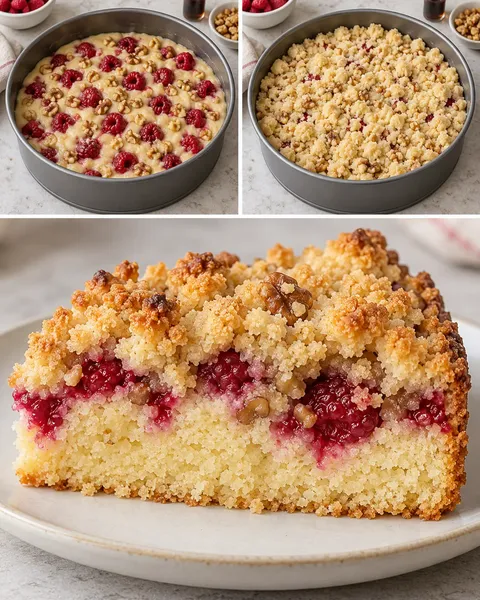 Torta con crumble — lamponi, vaniglia, noci
