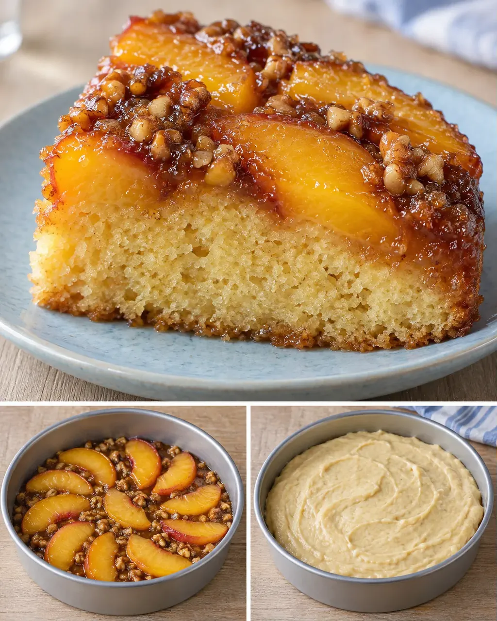 Torta rovesciata — pesche, vaniglia, noci