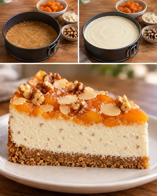 Cheesecake al forno — albicocche, mandorle, noci