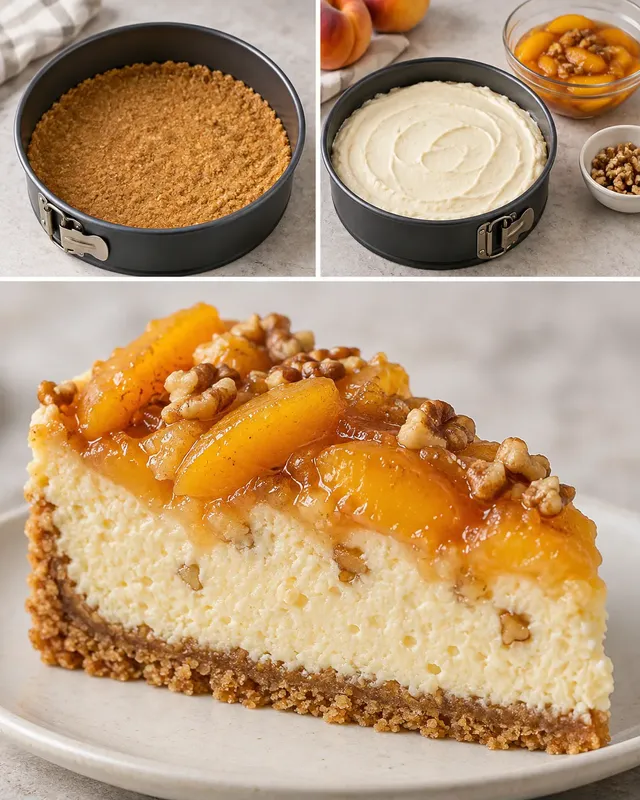 Cheesecake al forno — pesche, vaniglia, noci