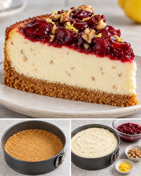 Cheesecake al forno — amarene, limone, noci