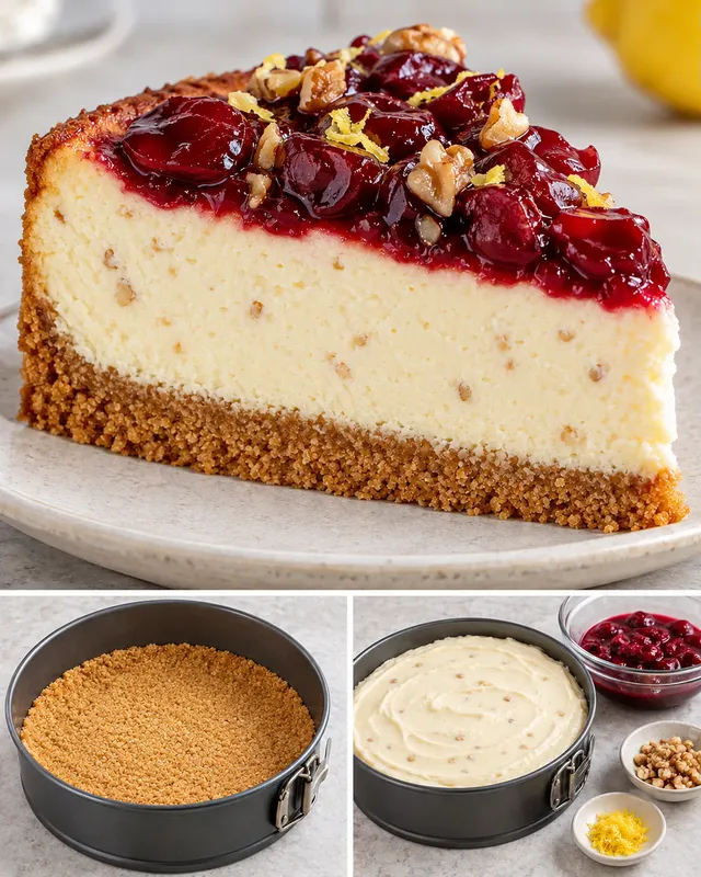 Cheesecake al forno — amarene, limone, noci